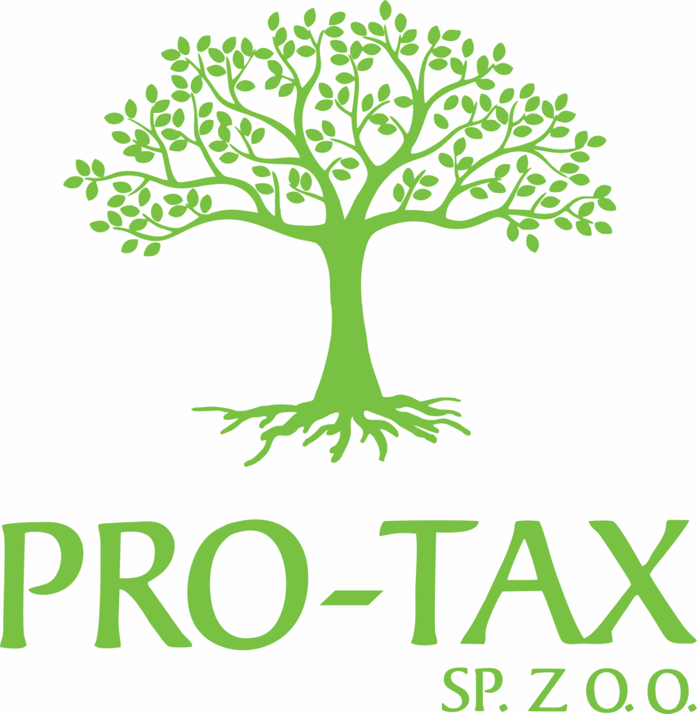 Logotyp Pro-Tax Sp. z o.o. Zielone drzewo liściaste z korzeniami z nazwą spółki u dołu